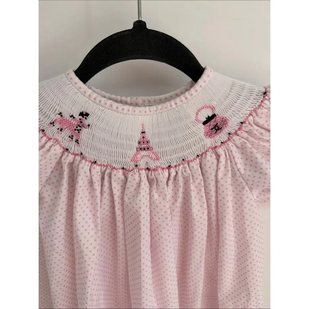 Classic Whimsy Parisian Eiffel Tower poodle embroidered smocked polka dot dress